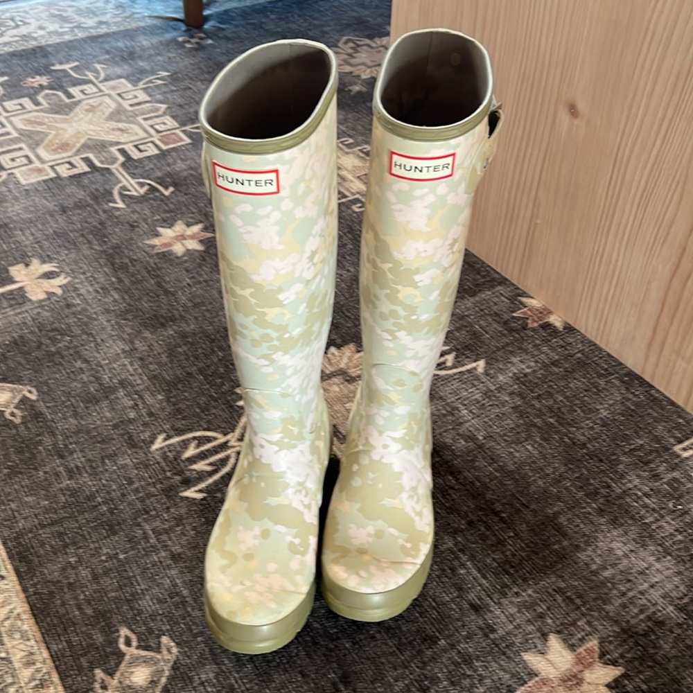 Hunter Green Floral Tall Rain Boots